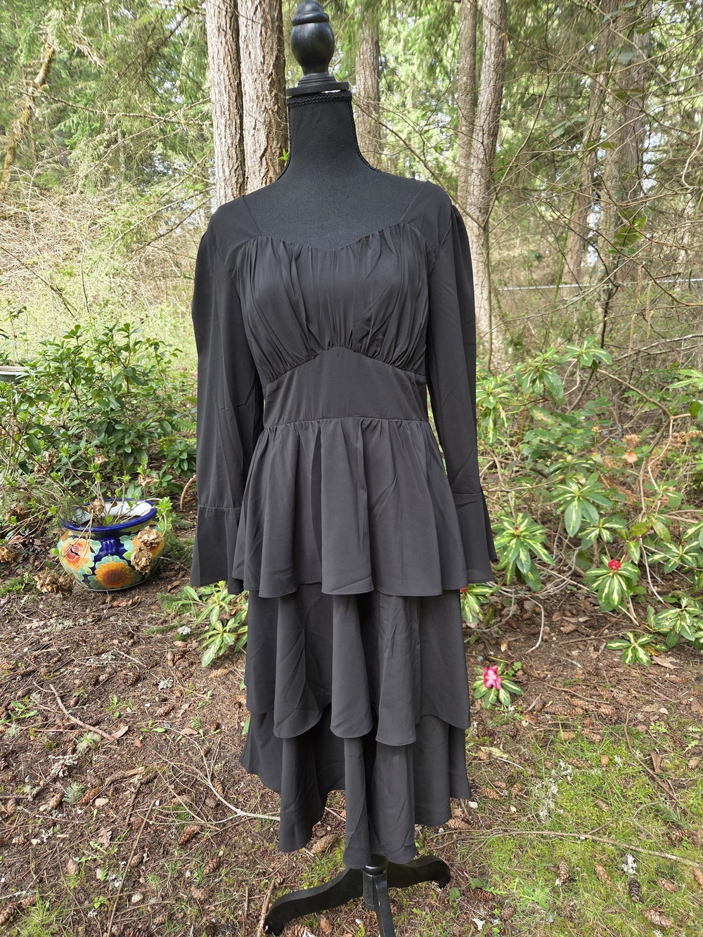 Black Long-Sleeve Tiered Midi Dress